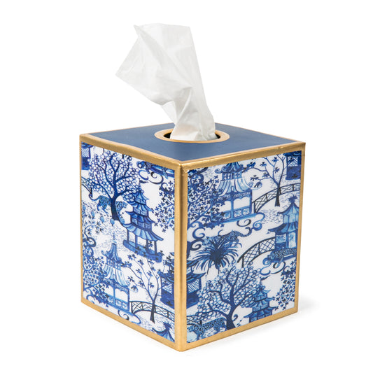 Garden Party Enameled Tissue Box Cover White & Blue