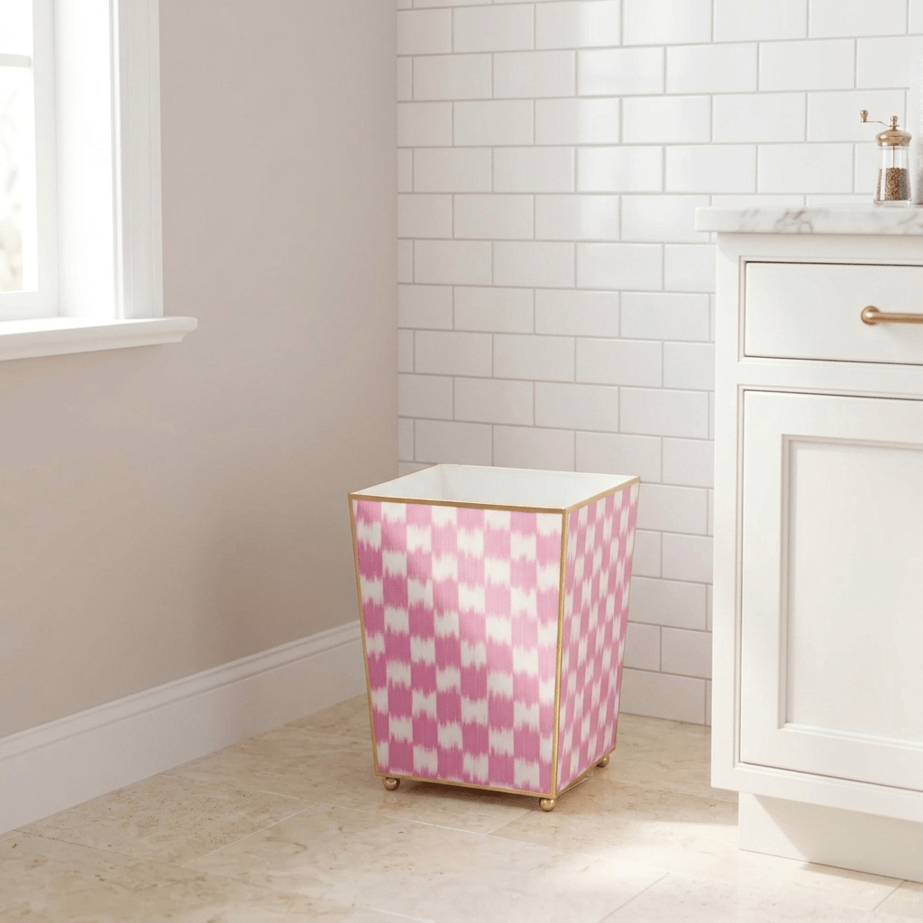 Checkered Ikat Pink Bathroom Trash Can, Wastebasket, Dustbin for