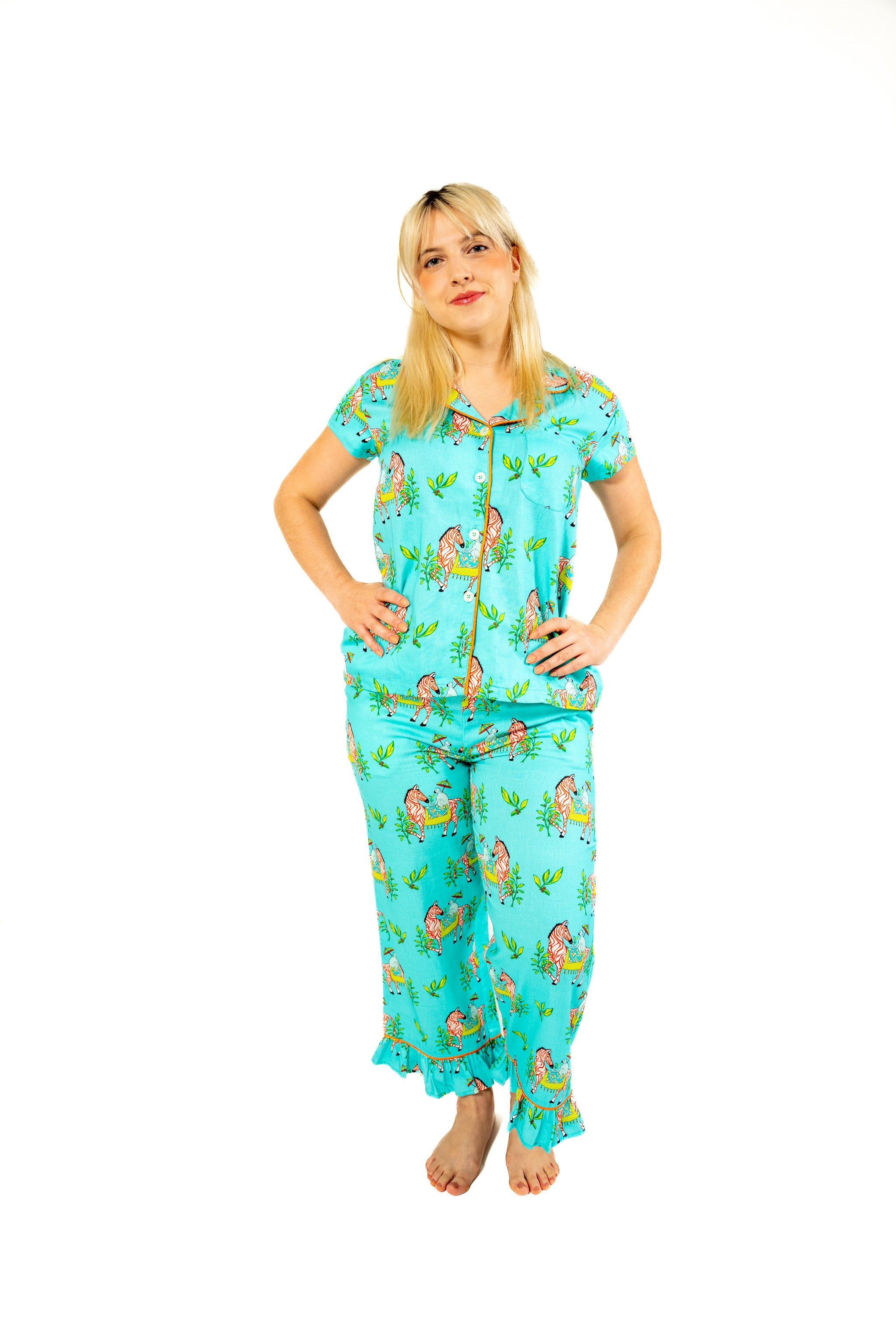 Zebra Garden Luxe Sateen Capri Pajama Set - Turquoise / Extra-Small