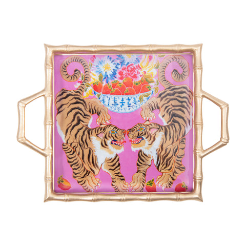 Tigers Enameled Chang Mai Tray 12x12 - Avail 5/5