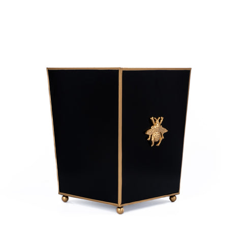 Black Wastebasket / Trash Can / Dustbin for Bathroom / Home Office / Bedroom / Vanity - Square without Lid with Bee Decor - 9 in x 9 in x 12 in - The Regency Collection