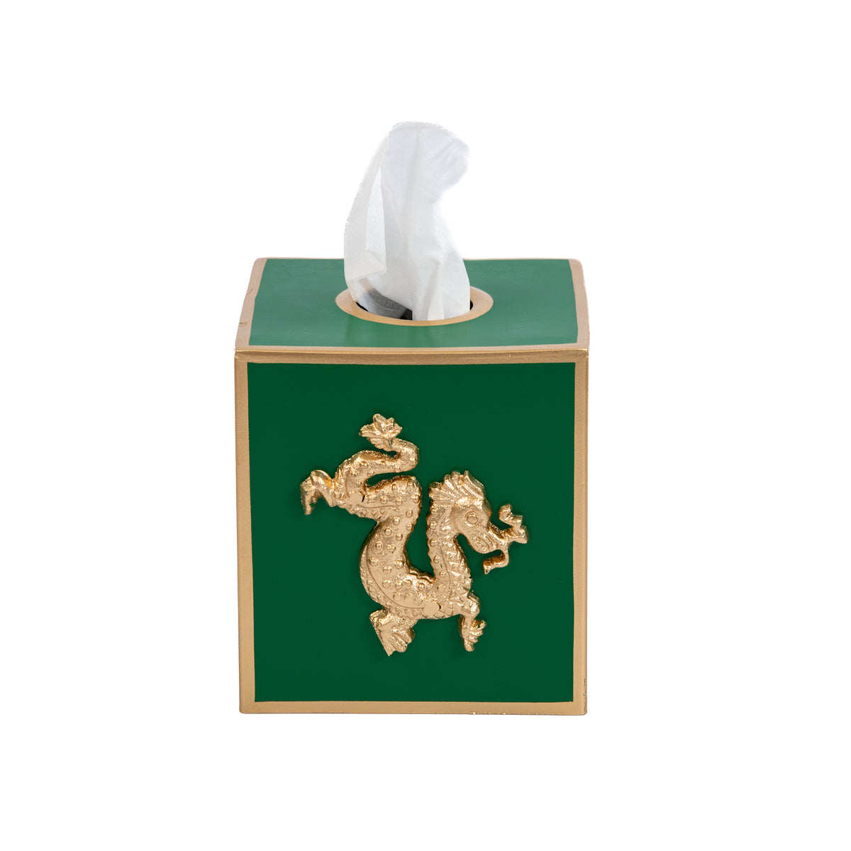 Green / Emerald Green Square Tissue Box Cover for Bathroom / Bedroom / Living room with Gold Dragon Decor - 6 in x 5 in x 5 in - The Regency Collection