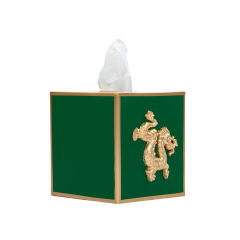 Green / Emerald Green Square Tissue Box Cover for Bathroom / Bedroom / Living room with Gold Dragon Decor - 6 in x 5 in x 5 in - The Regency Collection