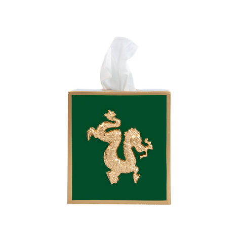 Green / Emerald Green Square Tissue Box Cover for Bathroom / Bedroom / Living room with Gold Dragon Decor - 6 in x 5 in x 5 in - The Regency Collection