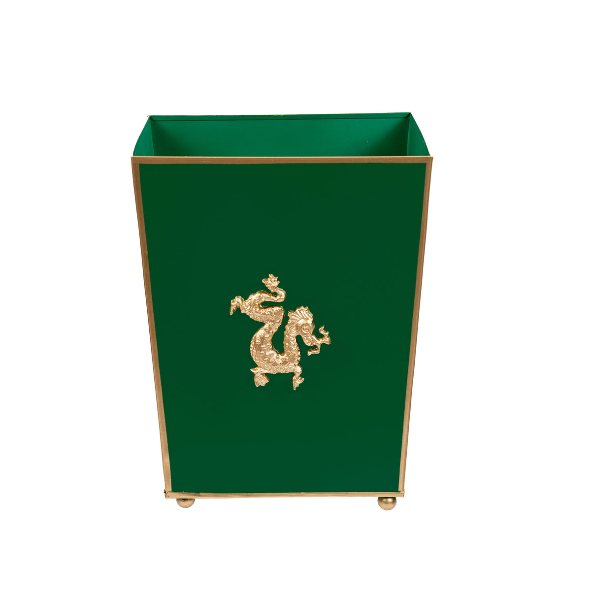 Green / Emerald Green Wastebasket / Trash Can / Dustbin for Bathroom / Home Office / Bedroom / Vanity - Square without Lid with Dragon Decor - 9 in x 9 in x 12 in - The Regency Collection