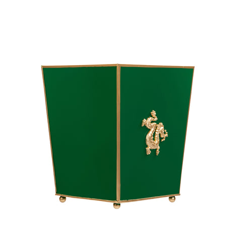 Green / Emerald Green Wastebasket / Trash Can / Dustbin for Bathroom / Home Office / Bedroom / Vanity - Square without Lid with Dragon Decor - 9 in x 9 in x 12 in - The Regency Collection