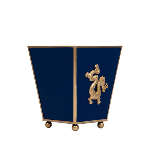 Blue / Indigo Blue Square Cachepot For Bedroom / Office / Kitchen / Living Room with Gold Dragon Decor - Metal Construction - The Regency Collection