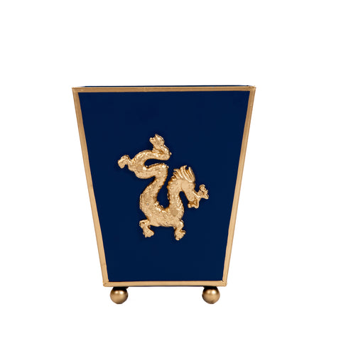 Blue / Indigo Blue Square Cachepot For Bedroom / Office / Kitchen / Living Room with Gold Dragon Decor - Metal Construction - The Regency Collection