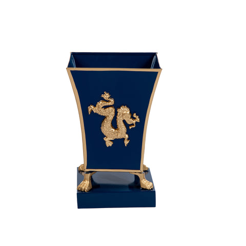 Blue / Indigo Blue Square Cachepot For Bedroom / Office / Kitchen / Living Room with Gold Dragon Decor - Metal Construction 6 inch - The Regency Collection