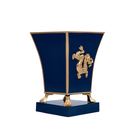 Blue / Indigo Blue Square Cachepot For Bedroom / Office / Kitchen / Living Room with Gold Dragon Decor - Metal Construction 6 inch - The Regency Collection