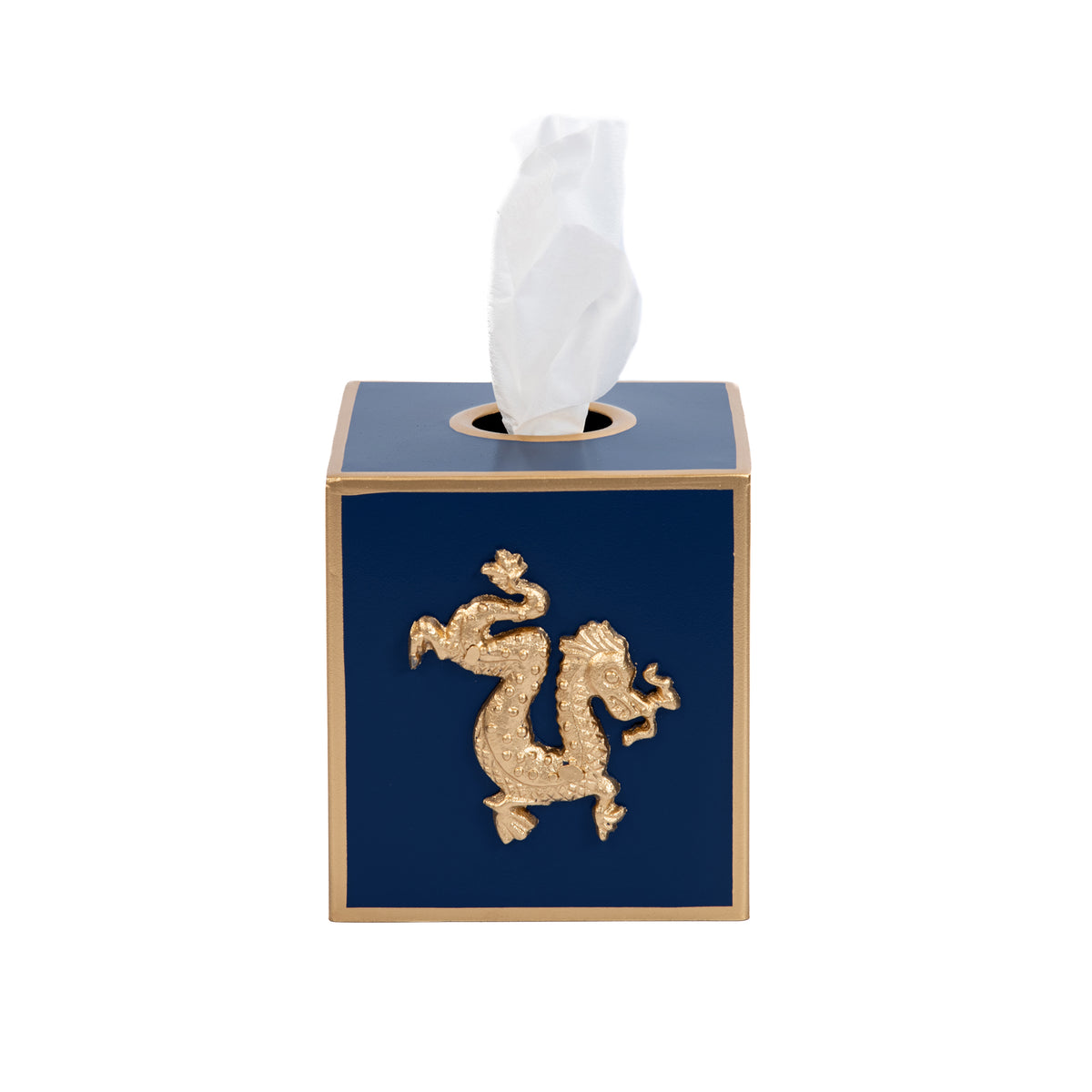 Blue / Indigo Blue Square Tissue Box Cover for Bathroom / Bedroom / Living room with Gold Dragon Decor - 6 in x 5 in x 5 in - The Regency Collection