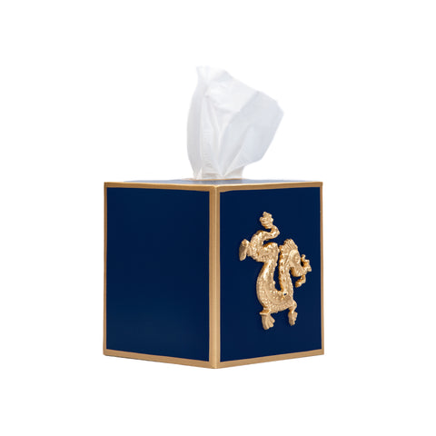 Blue / Indigo Blue Square Tissue Box Cover for Bathroom / Bedroom / Living room with Gold Dragon Decor - 6 in x 5 in x 5 in - The Regency Collection