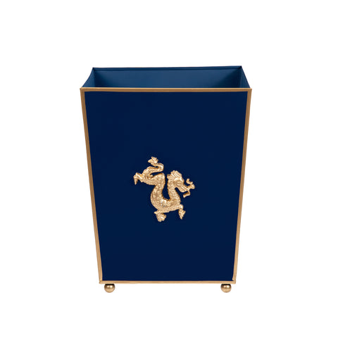 Enameled Blue / Indigo Blue Wastebasket / Trash Can / Dustbin for Bathroom / Home Office / Bedroom / Vanity - Square without Lid with Dragon Decor - 9 in x 9 in x 12 in - The Regency Collection