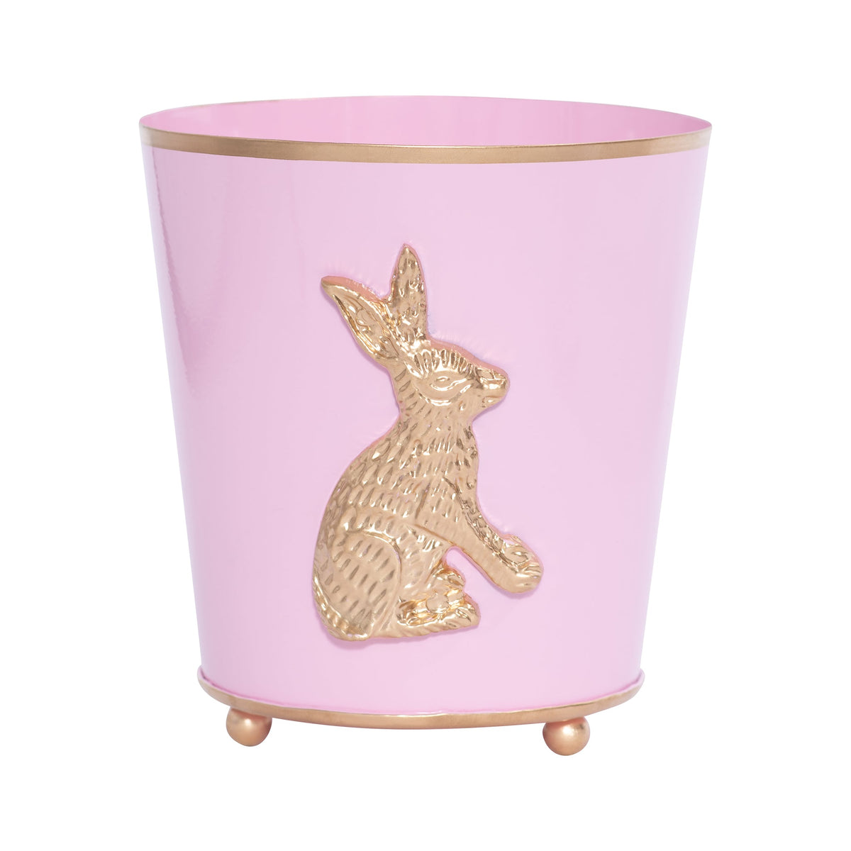 Pink / Light Pink Round Cachepot For Bedroom / Office / Kitchen / Living Room with Rabbit Decor - Metal Construction 6 in x 6 in x 7 in - The Regency Collection