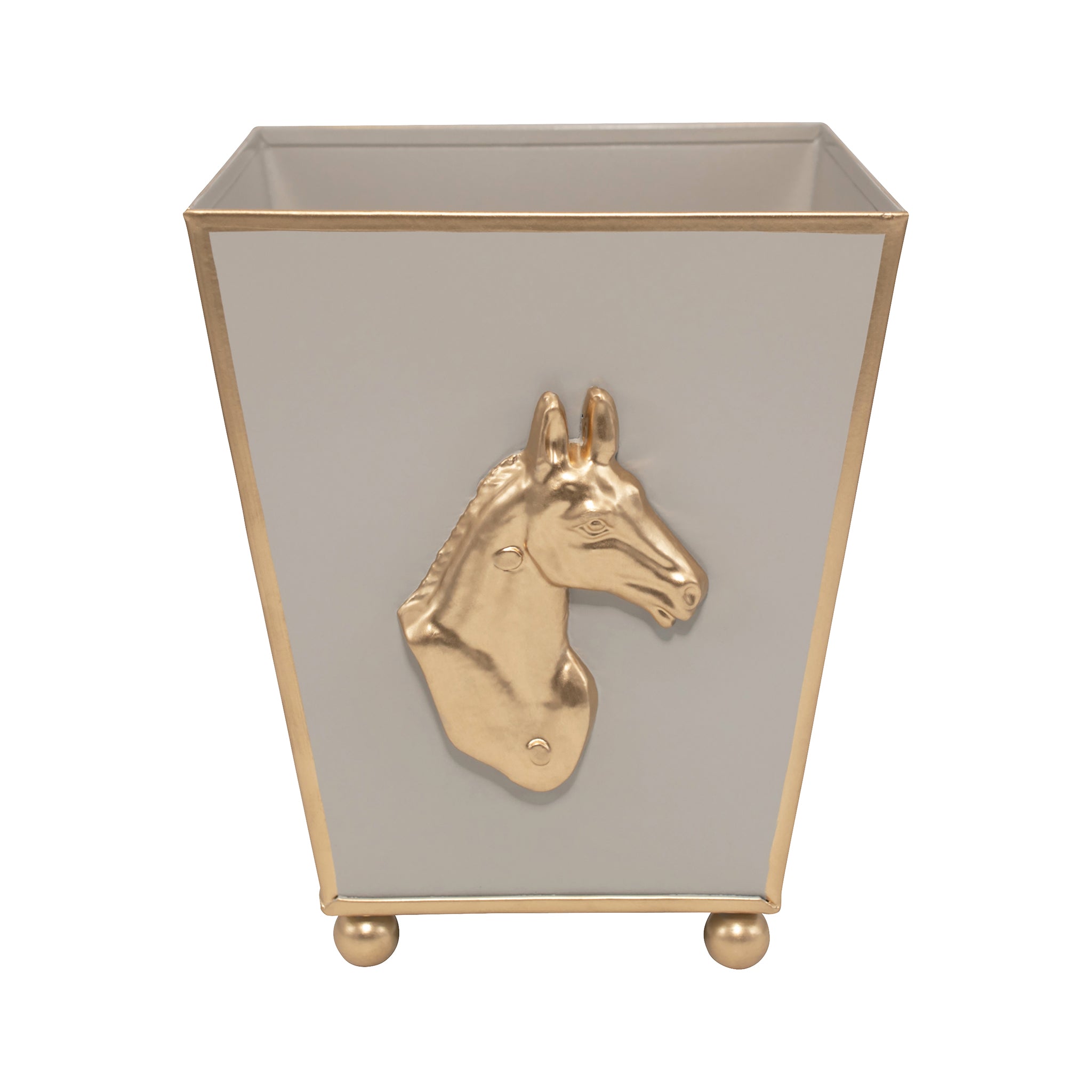 Taupe Square Cachepot For Bedroom / Office / Kitchen / Living Room with Gold Horse Head Decor - Metal Construction - The Regency Collection - Avail 05/04