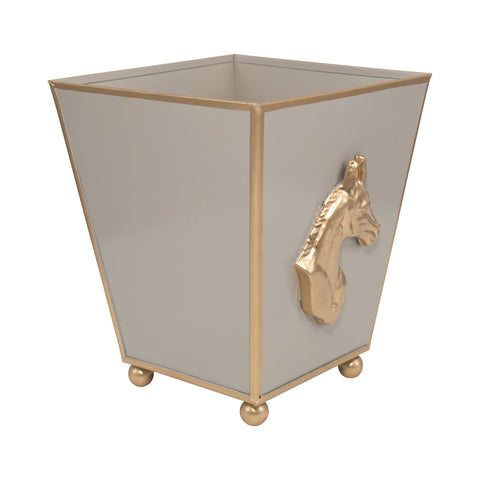 Taupe Square Cachepot For Bedroom / Office / Kitchen / Living Room with Gold Horse Head Decor - Metal Construction - The Regency Collection - Avail 05/04