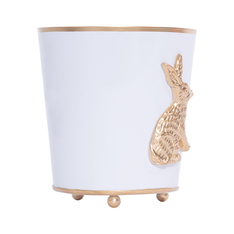 White Round Cachepot For Bedroom / Office / Kitchen / Living Room with Rabbit Decor - Metal Construction 6 in x 6 in x 7 in - The Regency Collection