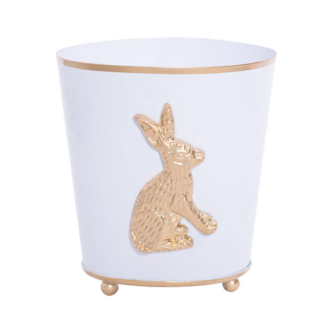 White Round Cachepot For Bedroom / Office / Kitchen / Living Room with Rabbit Decor - Metal Construction 6 in x 6 in x 7 in - The Regency Collection