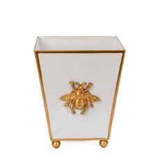 Regency Bee White Square Metal Cachepot for Bedroom, Office, Kitchen, Living Room - with Gold Bee Decor