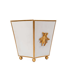 Regency Bee White Square Metal Cachepot for Bedroom, Office, Kitchen, Living Room - with Gold Bee Decor