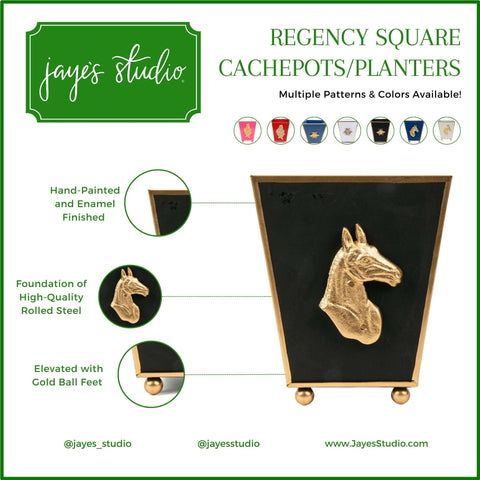 Taupe Square Cachepot For Bedroom / Office / Kitchen / Living Room with Gold Horse Head Decor - Metal Construction - The Regency Collection - Avail 05/04