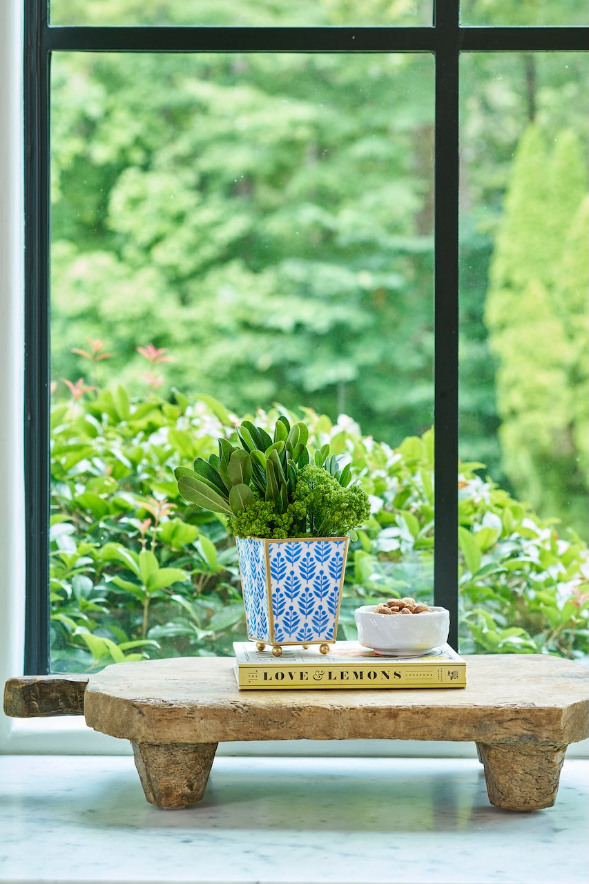 Lottie Enameled Blue Square Metal Cachepot Planter for Bedroom, Home Office, Kitchen, Living Room