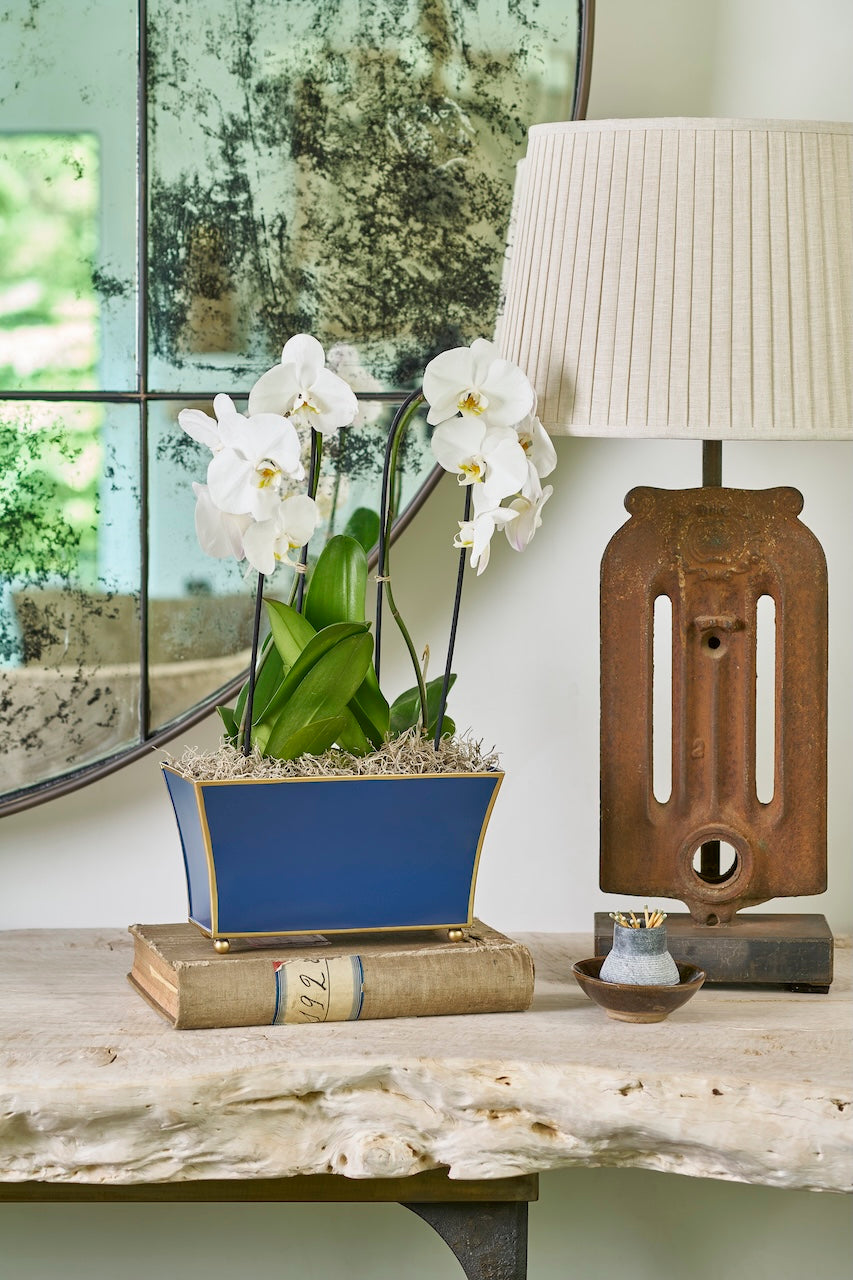 Gracie Indigo Blue Rectangular Fluted Metal Cachepot Planter for Entryway, Mantle, Home Office, Kitchen and Living Room