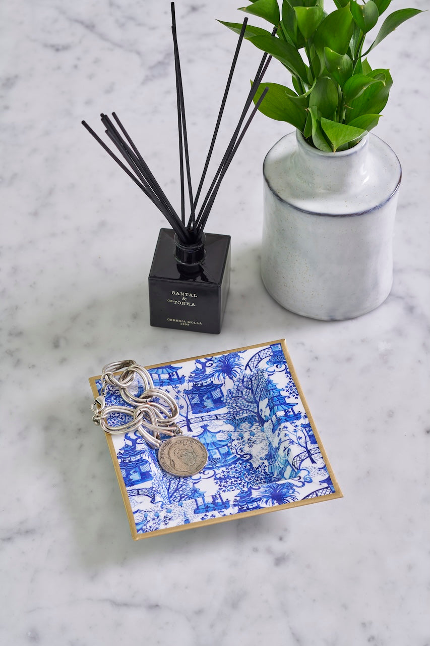 Garden Party Blue Enameled Square Decorative Trinket Tray, Catch All Tray, Jewelry Tray for Vanity, Bathroom, Bedside Home Office -