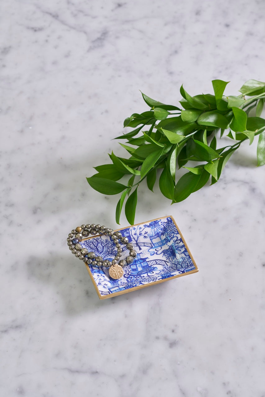 Garden Party White and Blue Enameled Rectangle Catch All Tray, Jewelry Tray for Bathroom, Vanity - Decorative Landry Tray
