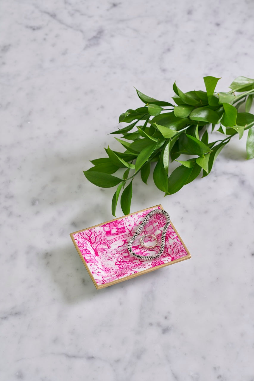 Garden Party White and Pink Enameled Rectangle Catch All Tray, Jewelry Tray for Bathroom, Vanity - Decorative Landry Tray