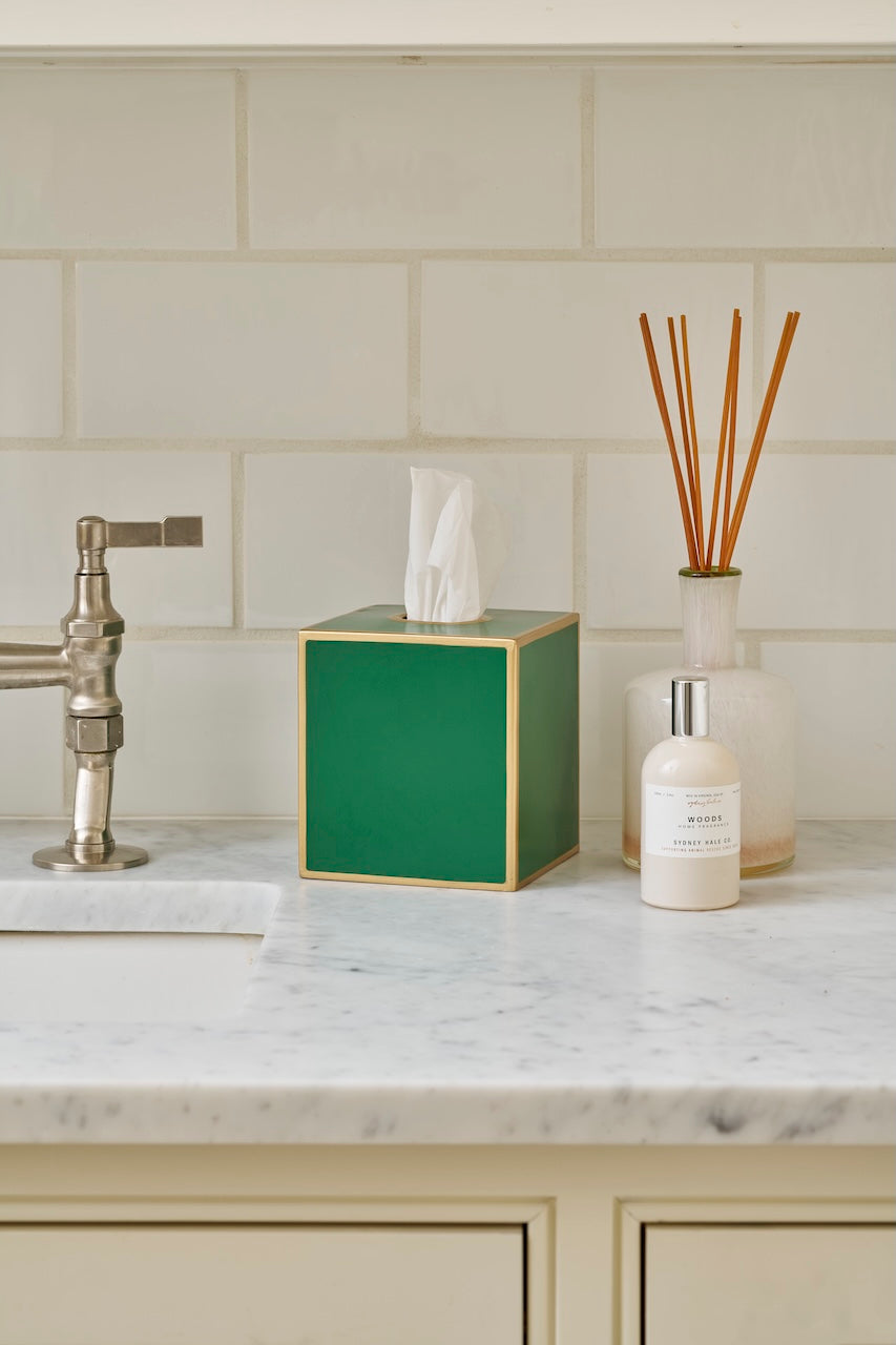 Mattie Emerald Green Square Metal Tissue Box Cover for Bathroom, Vanity, Bedroom, Home Office
