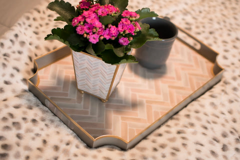 Taupe Enameled Serving / Bar Tray with with Convienent Handles - made from High-Quality Metal- designed by Jaye's Studio -The Herringbone Collection Collection 8x12