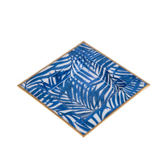Palm Leaves Blue Enameled Square Decorative Trinket Tray, Catch All Tray, Jewelry Tray for Vanity, Bathroom, Bedside Home Office -