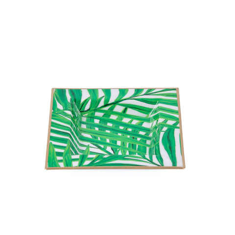 White & Green Enameled Catch All / Trinket Tray with with Convienent Handles - made from High-Quality Metal- designed by Jaye's Studio -The Palm Collection Collection 6x 6x1