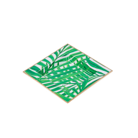 White & Green Enameled Catch All / Trinket Tray with with Convienent Handles - made from High-Quality Metal- designed by Jaye's Studio -The Palm Collection Collection 6x 6x1