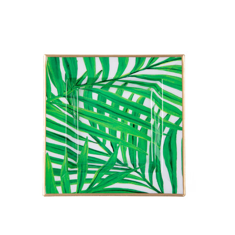 White & Green Enameled Catch All / Trinket Tray with with Convienent Handles - made from High-Quality Metal- designed by Jaye's Studio -The Palm Collection Collection 6x 6x1