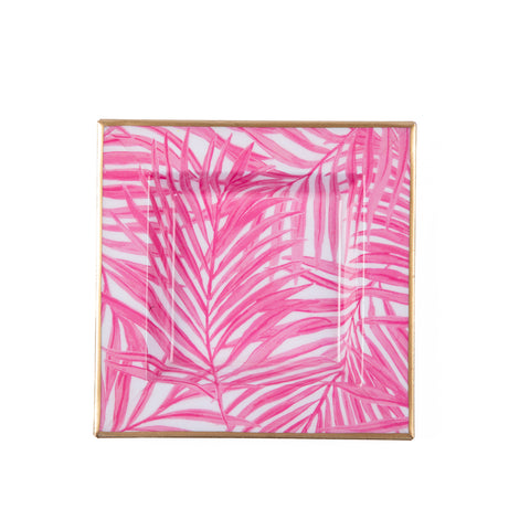 White & Pink Enameled Catch All / Trinket Tray with with Convienent Handles - made from High-Quality Metal- designed by Jaye's Studio -The Palm Collection Collection 6x 6x1