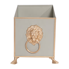 Paws & Claws Taupe Rectangular Metal Cachepot for Bedroom, Home Office, Kitchen, Living Room - with Gold Lion Decor