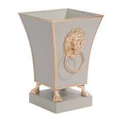 Paws & Claws Taupe Square Metal Cachepot for Bedroom, Home Office, Kitchen or Living Room - with Gold Lion Decor