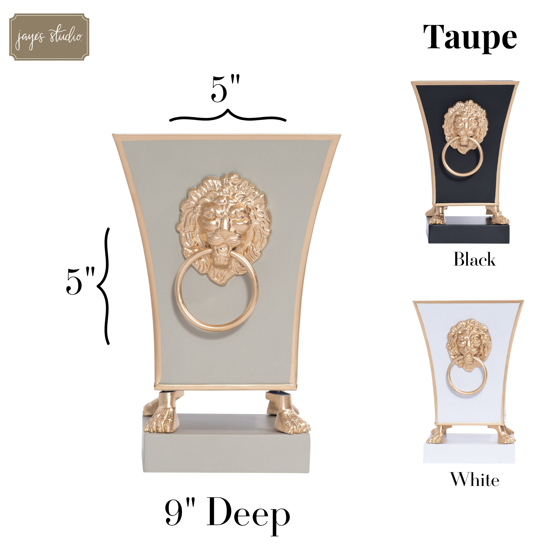 Paws & Claws Taupe Square Metal Cachepot for Bedroom, Home Office, Kitchen or Living Room - with Gold Lion Decor