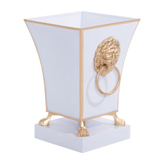 Paws & Claws White Square Metal Cachepot for Bedroom, Home Office, Kitchen or Living Room - with Gold Lion Decor