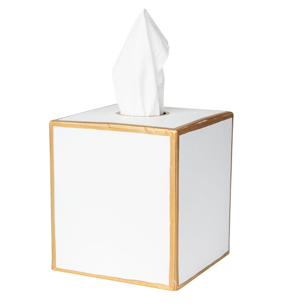 Mattie White Square Tissue Box Cover for Bathroom, Bedroom, Home