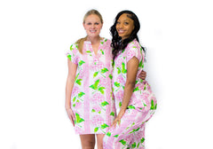 Pink Loungewear Dress with 100% Sateen Cotton Fabric and Floral Print - The Pia Collection