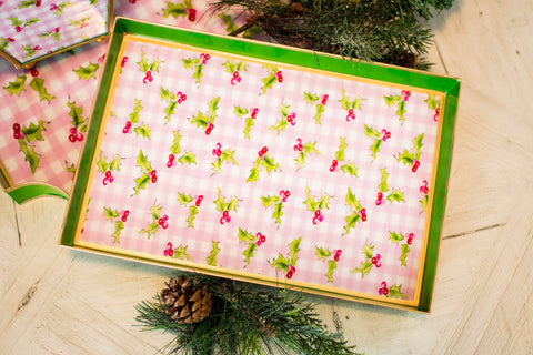 Holly Berry Enameled Oliver Tray 8x12 - Light Pink - Avail 12/05