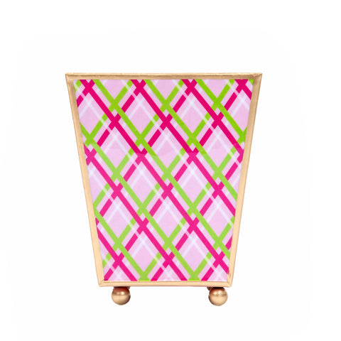 Enameled Pink Square Cachepot For Bedroom / Office / Kitchen / Living Room  - Metal Construction 6 inch - The Preppy Plaid Collection