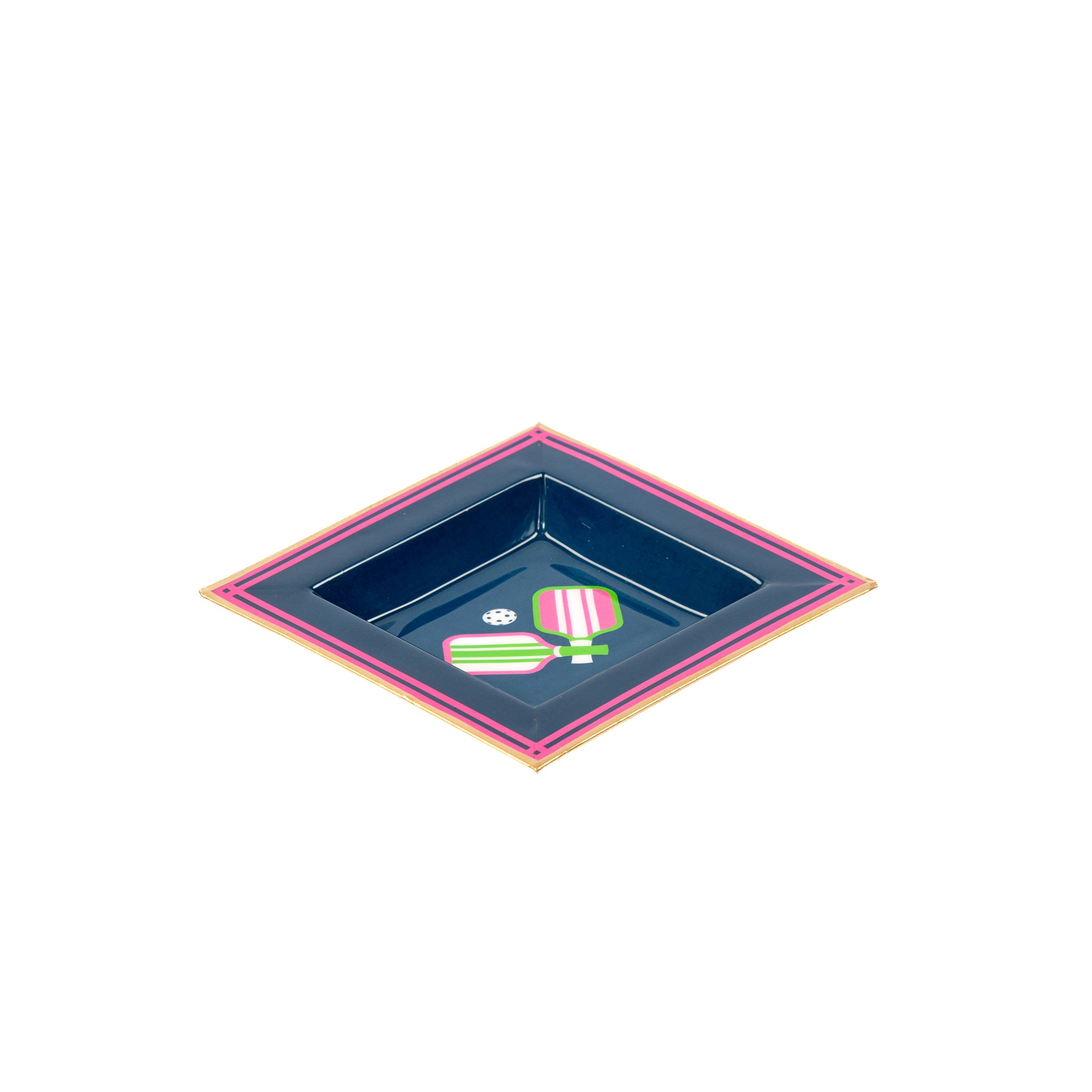 Enameled Navy and Pink Square Tori Trinket Decorative Tray For Garden Party and Home Decor - 6 in x 6 in x 1 in - The Pickleball Collection