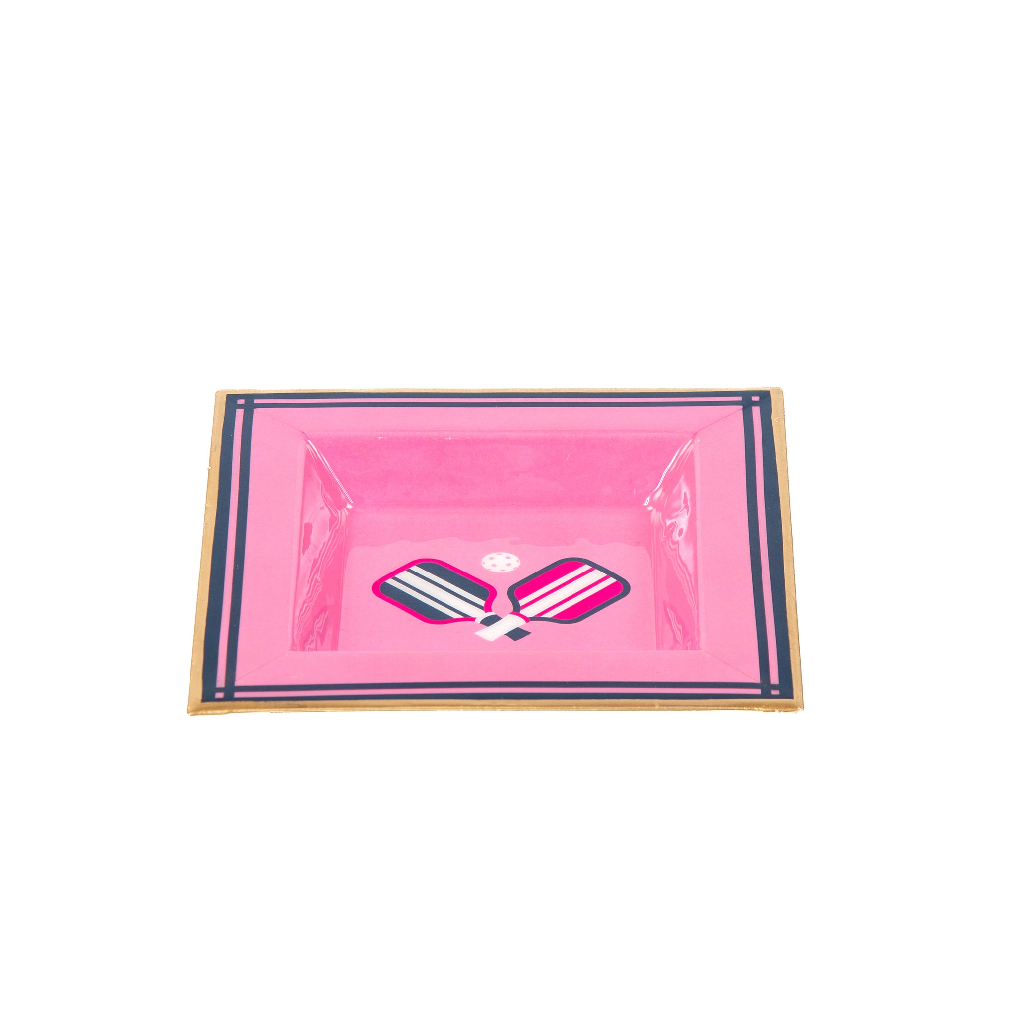 Enameled Pink and Navy Square Tori Trinket Decorative Tray For Garden Party and Home Decor - 6 in x 6 in x 1 in - The Pickleball Collection