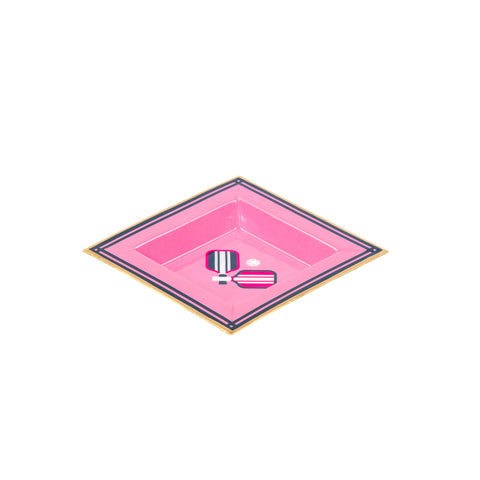 Enameled Pink and Navy Square Tori Trinket Decorative Tray For Garden Party and Home Decor - 6 in x 6 in x 1 in - The Pickleball Collection