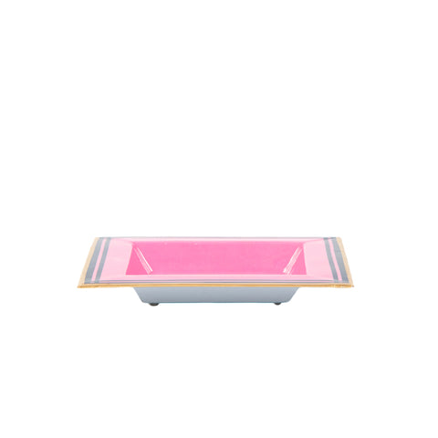 Enameled Pink and Navy Square Tori Trinket Decorative Tray For Garden Party and Home Decor - 6 in x 6 in x 1 in - The Pickleball Collection