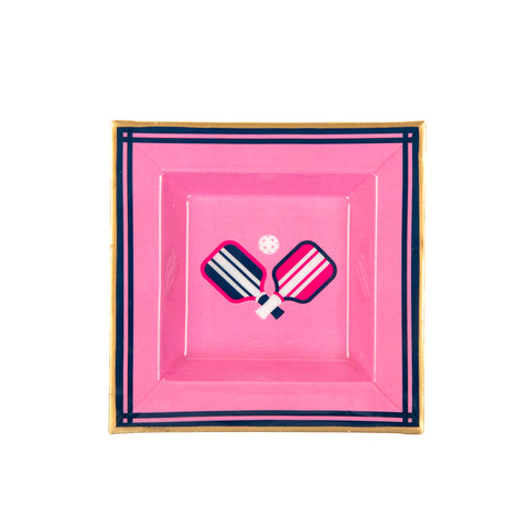 Enameled Pink and Navy Square Tori Trinket Decorative Tray For Garden Party and Home Decor - 6 in x 6 in x 1 in - The Pickleball Collection